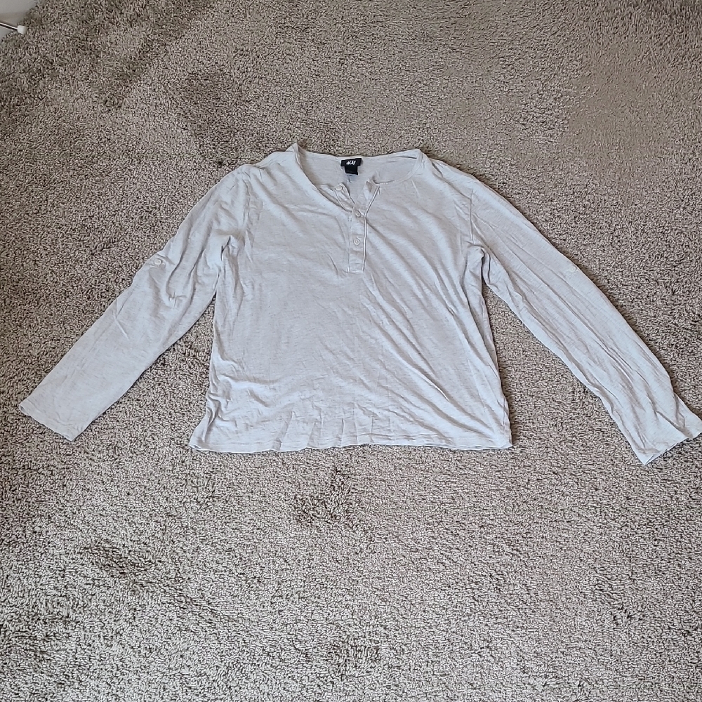 Light Gray Long Sleeve Henley Shirt Roll Up Sleeves - Picture 2 of 14